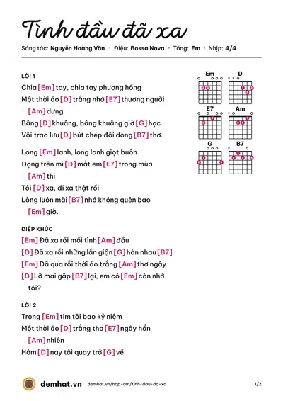 Hợp âm Tình đầu đã xa (Hiền Anh) – bản nhạc PDF trang 1, tông Em