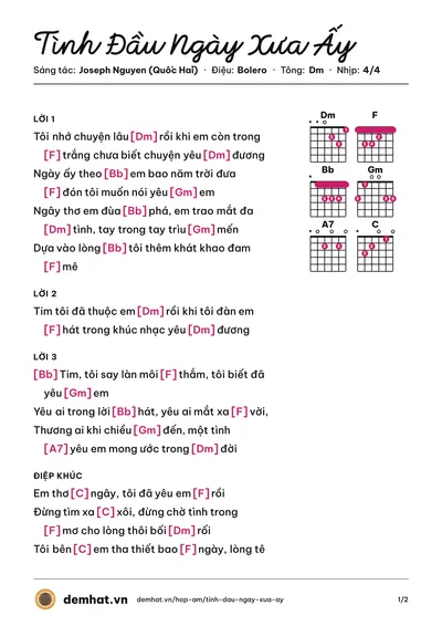 Hợp âm Tình Đầu Ngày Xưa Ấy (Hoàng Nguyên) – bản nhạc PDF trang 1, tông Dm