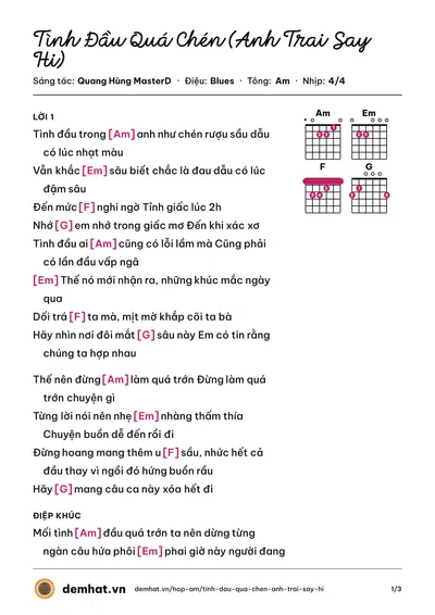Hợp âm Tình Đầu Quá Chén (Anh Trai Say Hi) (Quang Hùng MasterD) – bản nhạc PDF trang 1, tông Am