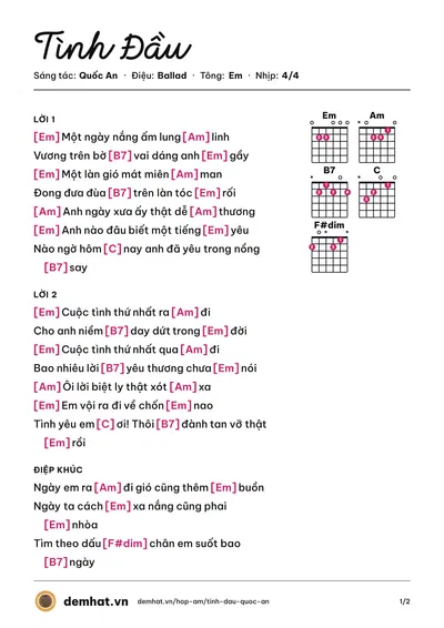 Hợp âm Tình Đầu (Phương Thanh) – bản nhạc PDF trang 1, tông Em