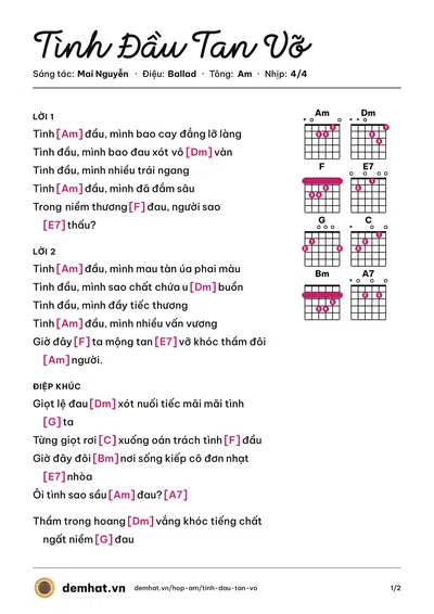 Hợp âm Tình Đầu Tan Vỡ (Thanh Hà) – bản nhạc PDF trang 1, tông Am