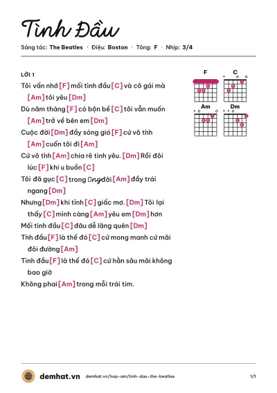 Hợp âm Tình Đầu (The Beatles) – bản nhạc PDF trang 1, tông F