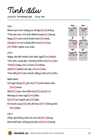 Hợp âm Tình đầu (Võ Hoàng Lâm) – bản nhạc PDF trang 1, tông Em