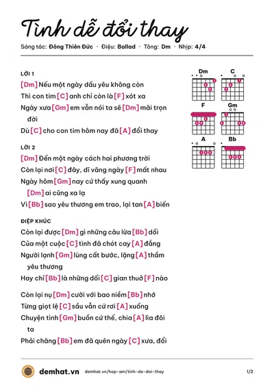 Hợp âm Tình dễ đổi thay (Đông Thiên Đức) – bản nhạc PDF trang 1, tông Dm