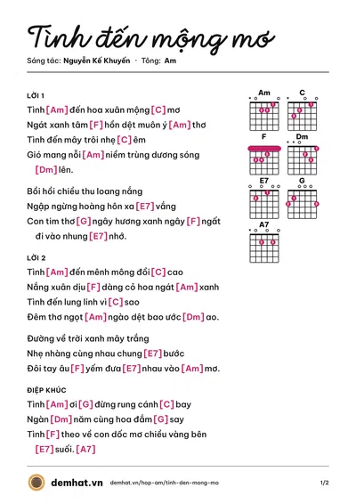 Hợp âm Tình đến mộng mơ (Thụy Long) – bản nhạc PDF trang 1, tông Am