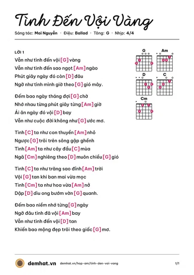 Hợp âm Tình Đến Vội Vàng (Thu Thảo) – bản nhạc PDF trang 1, tông G