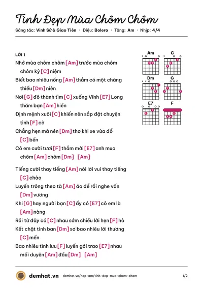 Hợp âm Tình Đẹp Mùa Chôm Chôm (Trường Vũ) – bản nhạc PDF trang 1, tông Am