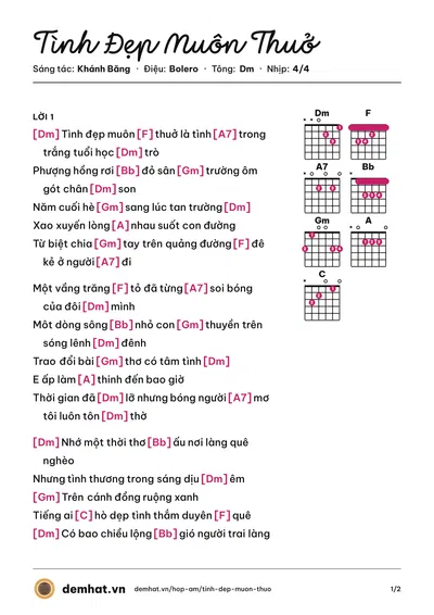 Hợp âm Tình Đẹp Muôn Thuở (Tuấn Vũ) – bản nhạc PDF trang 1, tông Dm