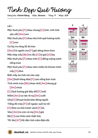 Hợp âm Tình Đẹp Quê Hương (Hồ Quang Lộc) – bản nhạc PDF trang 1, tông F