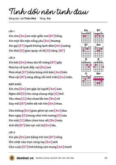 Hợp âm Tình dối nên tình đau (Trung Nghĩa) – bản nhạc PDF trang 1, tông Em