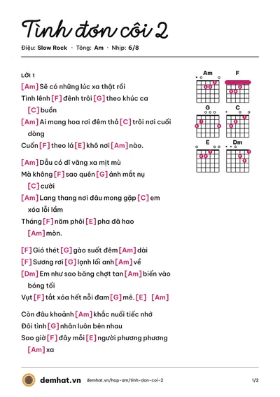 Hợp âm Tình đơn côi 2 (Lý Hải) – bản nhạc PDF trang 1, tông Am