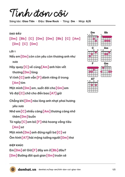 Hợp âm Tình đơn côi (Chế Linh) – bản nhạc PDF trang 1, tông Dm