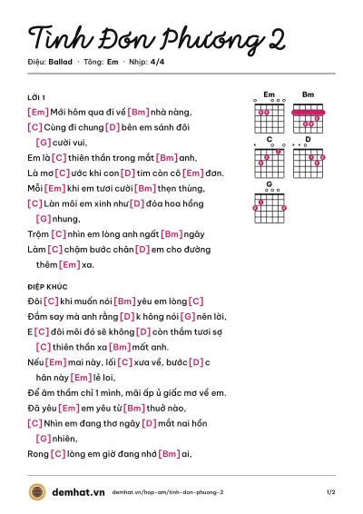 Hợp âm Tình Đơn Phương 2 (Lam Trường) – bản nhạc PDF trang 1, tông Em