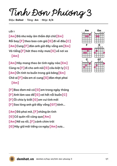 Hợp âm Tình Đơn Phương 3 (Bằng Kiều) – bản nhạc PDF trang 1, tông Am