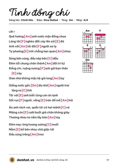 Hợp âm Tình đồng chí (Đan Trường) – bản nhạc PDF trang 1, tông Am