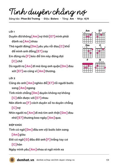 Hợp âm Tình duyên chẳng nợ (Hoàng Diễn) – bản nhạc PDF trang 1, tông Am