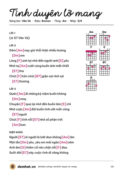 Hợp âm Tình duyên lỡ mang (Văn Vũ) – bản nhạc PDF trang 1, tông Am