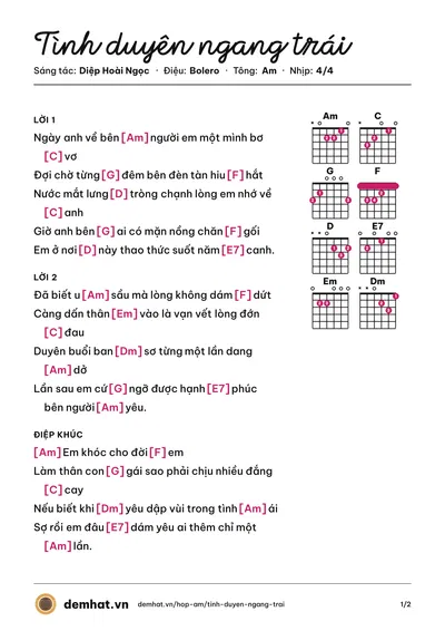 Hợp âm Tình duyên ngang trái (Diệp Hoài Ngọc) – bản nhạc PDF trang 1, tông Am