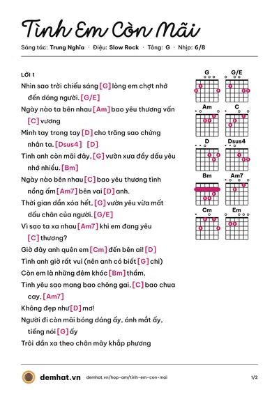 Hợp âm Tình Em Còn Mãi (Mỹ Tâm) – bản nhạc PDF trang 1, tông G