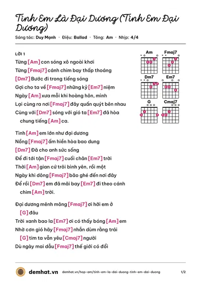 Hợp âm Tình Em Là Đại Dương (Tình Em Đại Dương) (Duy Mạnh) – bản nhạc PDF trang 1, tông Am