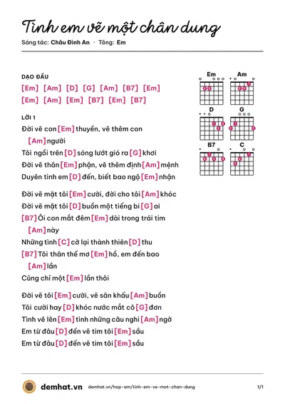 Hợp âm Tình em vẽ một chân dung (Châu Đình An) – bản nhạc PDF trang 1, tông Em