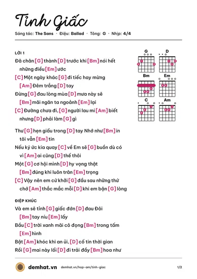 Hợp âm Tỉnh Giấc (The Sans) – bản nhạc PDF trang 1, tông G
