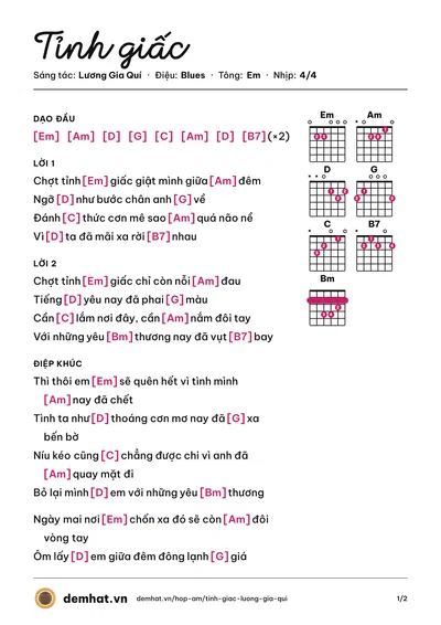 Hợp âm Tỉnh giấc (Lương Gia Quí) – bản nhạc PDF trang 1, tông Em