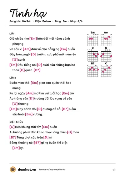 Hợp âm Tình hạ (Hà Sơn) – bản nhạc PDF trang 1, tông Em