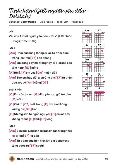 Hợp âm Tình hận (Giết người yêu dấu – Delilah) (Tuấn Ngọc) – bản nhạc PDF trang 1, tông Am