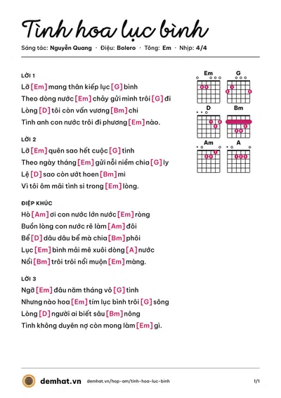 Hợp âm Tình hoa lục bình (Nguyễn Quang) – bản nhạc PDF trang 1, tông Em