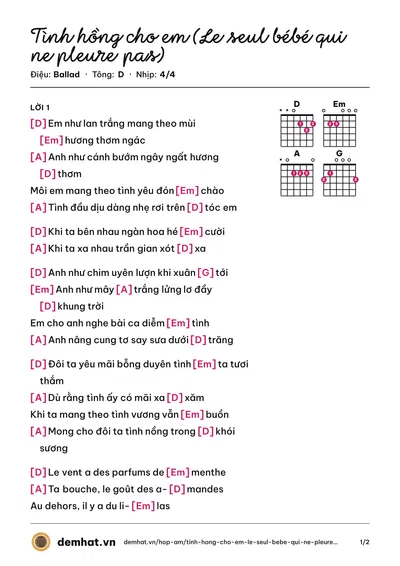 Hợp âm Tình hồng cho em (Le seul bébé qui ne pleure pas) – bản nhạc PDF trang 1, tông D