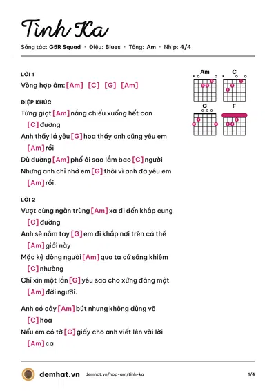 Hợp âm Tình Ka (G5R Squad) – bản nhạc PDF trang 1, tông Am