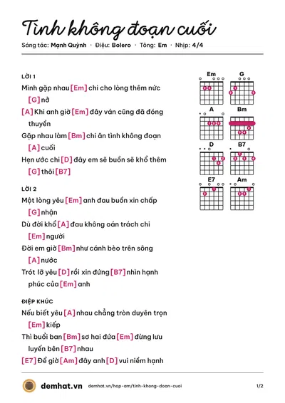 Hợp âm Tình không đoạn cuối (Mạnh Quỳnh) – bản nhạc PDF trang 1, tông Em