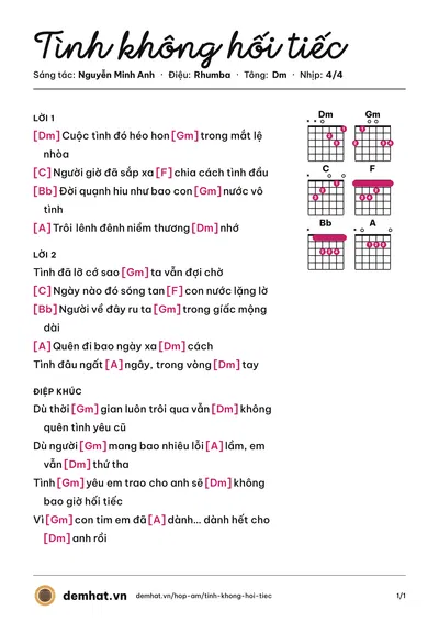 Hợp âm Tình không hối tiếc (Nguyễn Minh Anh) – bản nhạc PDF trang 1, tông Dm