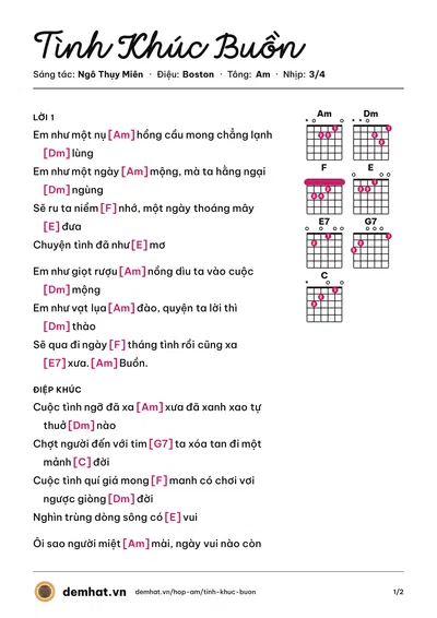 Hợp âm Tình Khúc Buồn (Tuấn Ngọc) – bản nhạc PDF trang 1, tông Am
