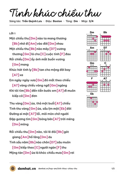Hợp âm Tình khúc chiều thu (Thúy Huyền) – bản nhạc PDF trang 1, tông Dm