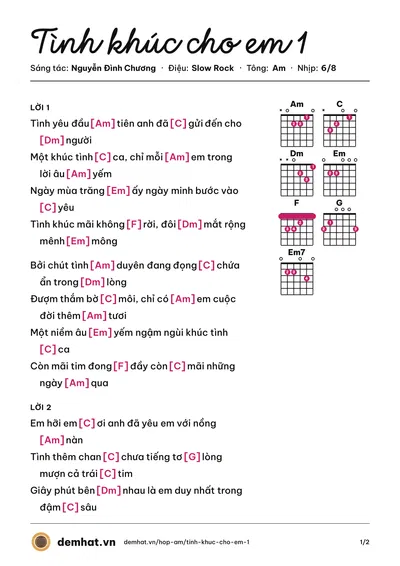 Hợp âm Tình khúc cho em 1 (Nguyễn Đình Chương) – bản nhạc PDF trang 1, tông Am