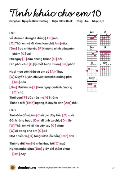 Hợp âm Tình khúc cho em 10 (Nguyễn Đình Chương) – bản nhạc PDF trang 1, tông Am