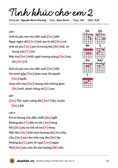 Hợp âm Tình khúc cho em 2 (Nguyễn Đình Chương) – bản nhạc PDF trang 1, tông Dm