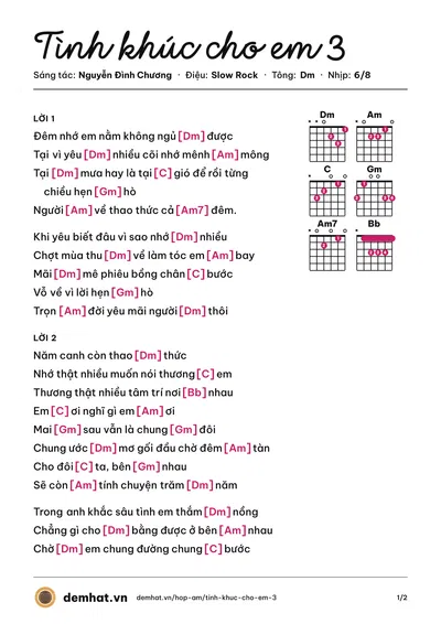 Hợp âm Tình khúc cho em 3 (Nguyễn Đình Chương) – bản nhạc PDF trang 1, tông Dm