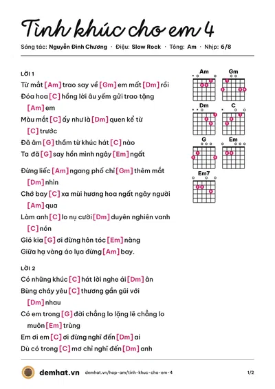Hợp âm Tình khúc cho em 4 (Nguyễn Đình Chương) – bản nhạc PDF trang 1, tông Am