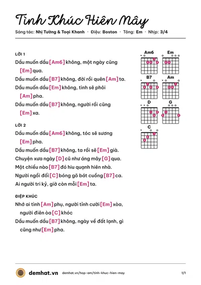 Hợp âm Tình Khúc Hiên Mây (Minh Tài) – bản nhạc PDF trang 1, tông Em