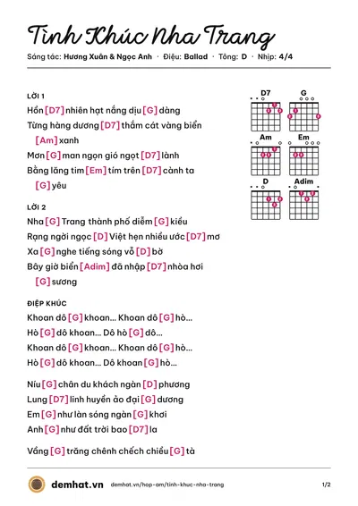 Hợp âm Tình Khúc Nha Trang (Kim Khánh) – bản nhạc PDF trang 1, tông D