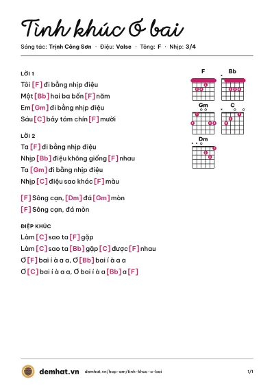 Hợp âm Tình khúc Ơ bai (Hồng Nhung) – bản nhạc PDF trang 1, tông F