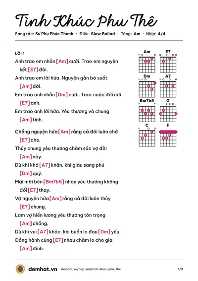 Hợp âm Tình Khúc Phu Thê (Sư Phụ Phúc Thanh) – bản nhạc PDF trang 1, tông Am