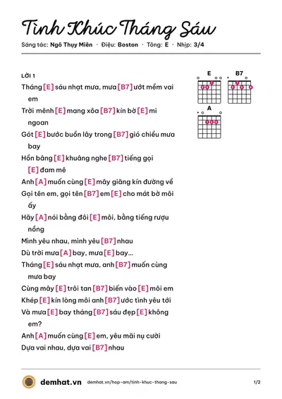Hợp âm Tình Khúc Tháng Sáu (Diễm Liên) – bản nhạc PDF trang 1, tông E