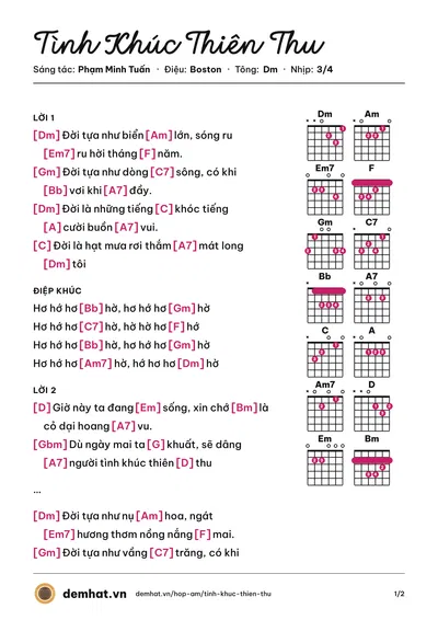 Hợp âm Tình Khúc Thiên Thu (Thanh Thúy) – bản nhạc PDF trang 1, tông Dm