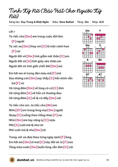Hợp âm Tình Kỷ Nữ (Bài Hát Cho Người Kỷ Nữ) (Elvis Phương) – bản nhạc PDF trang 1, tông Dm