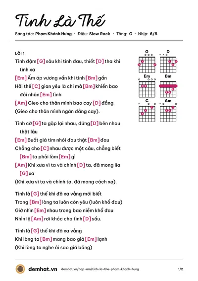 Hợp âm Tình Là Thế (Phạm Khánh Hưng) – bản nhạc PDF trang 1, tông G