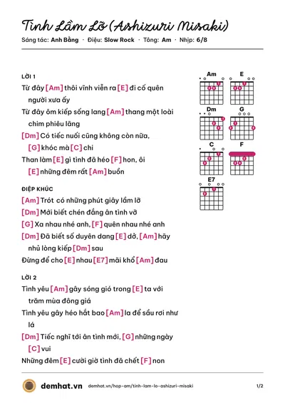 Hợp âm Tình Lầm Lỡ (Ashizuri Misaki) (Ngọc Lan) – bản nhạc PDF trang 1, tông Am